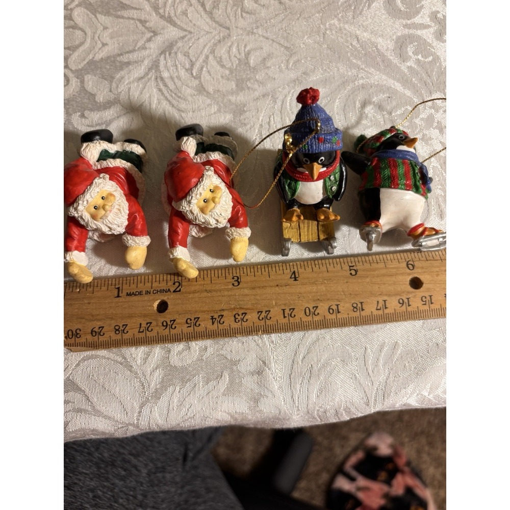 Vintage Decorative 2 Penguin Christmas Ornaments And Two Santa Claus Decor